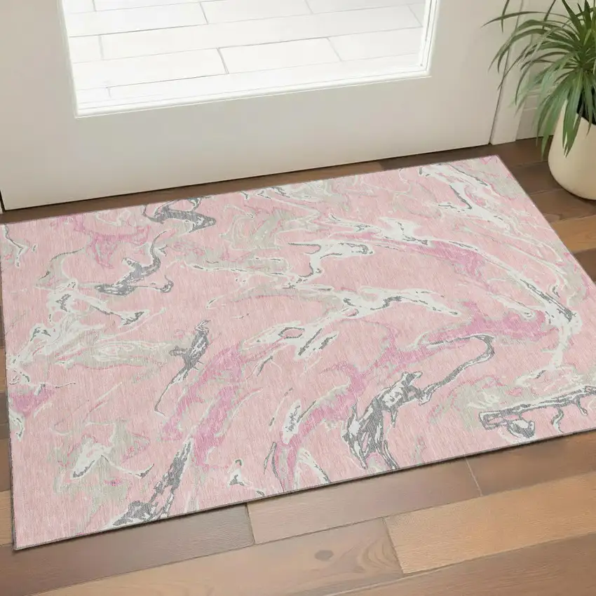 Pink Ivory And Gray Abstract Washable Area Rug With UV Protection Photo 1