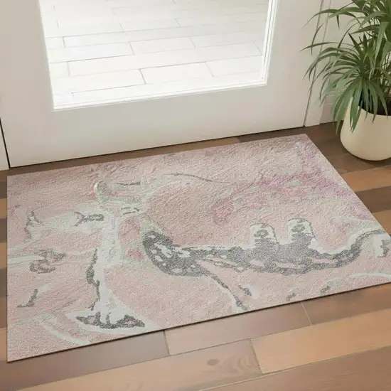 Pink Ivory And Gray Abstract Washable Area Rug With UV Protection Photo 2