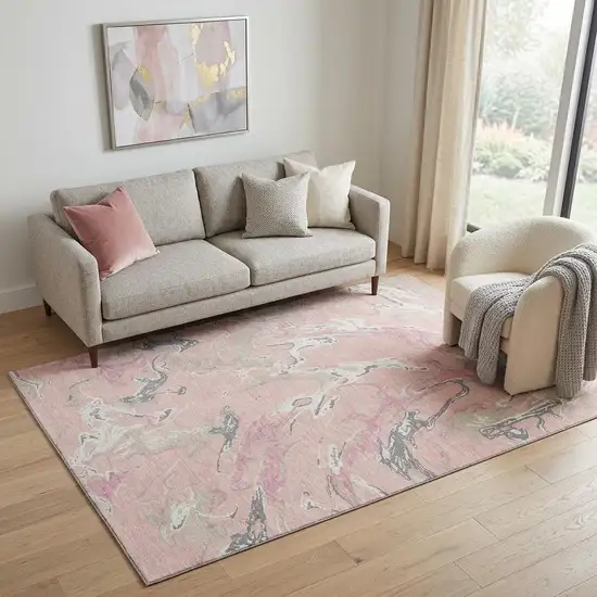 Pink Ivory And Gray Abstract Washable Area Rug With UV Protection Photo 1