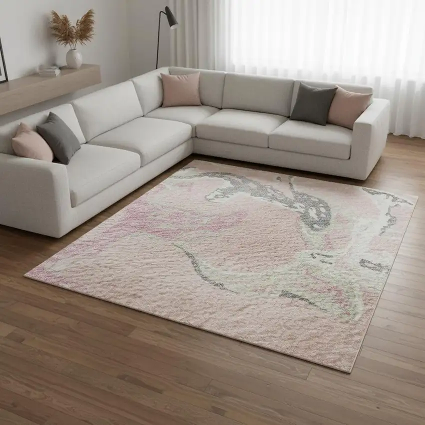 Pink Ivory And Gray Abstract Washable Area Rug With UV Protection Photo 2