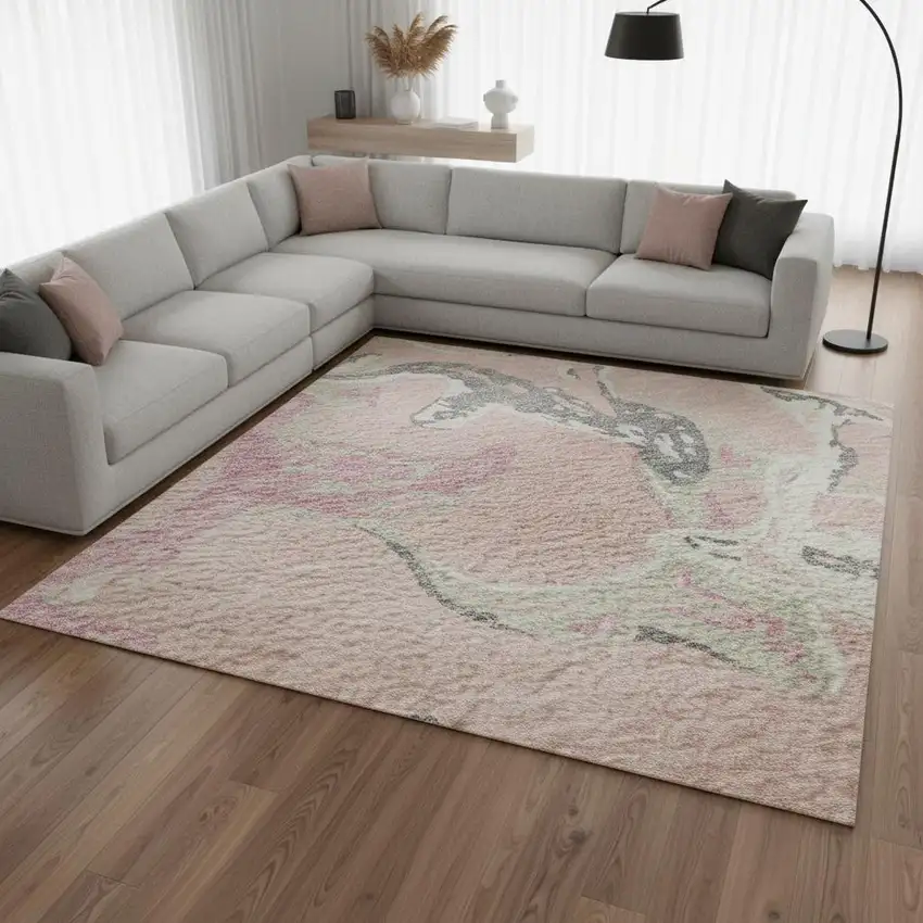 Pink Ivory And Gray Abstract Washable Area Rug With UV Protection Photo 2