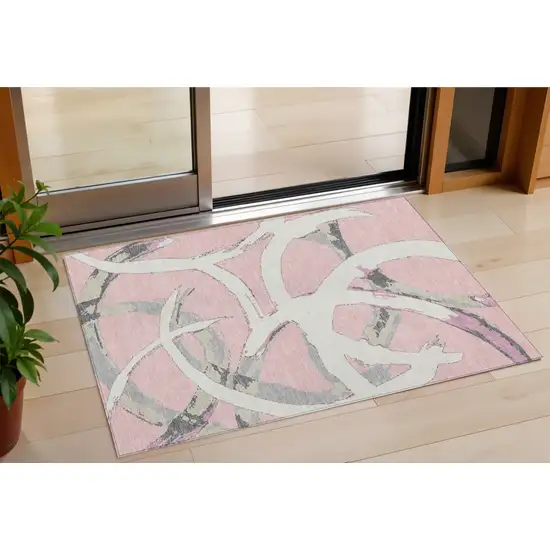 Pink Ivory And Gray Abstract Washable Indoor Outdoor Area Rug Photo 1