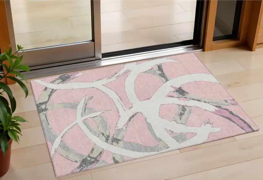 Pink Ivory And Gray Abstract Washable Indoor Outdoor Area Rug Photo 1