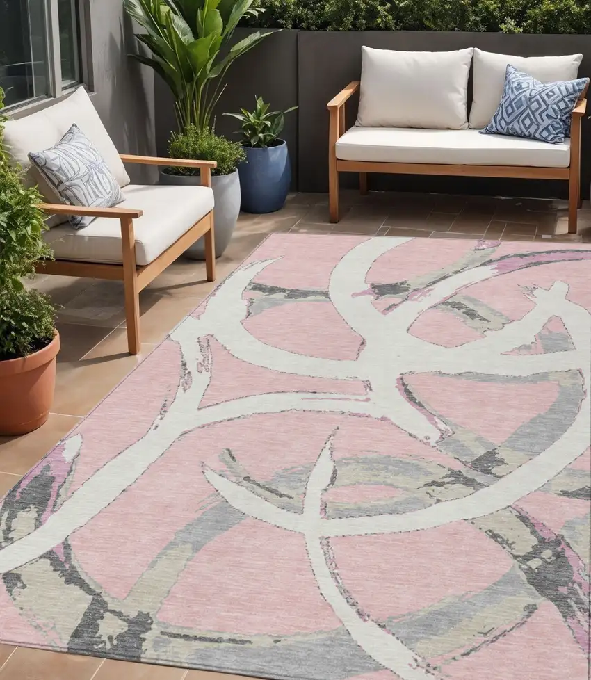 Pink Ivory And Gray Abstract Washable Indoor Outdoor Area Rug Photo 1