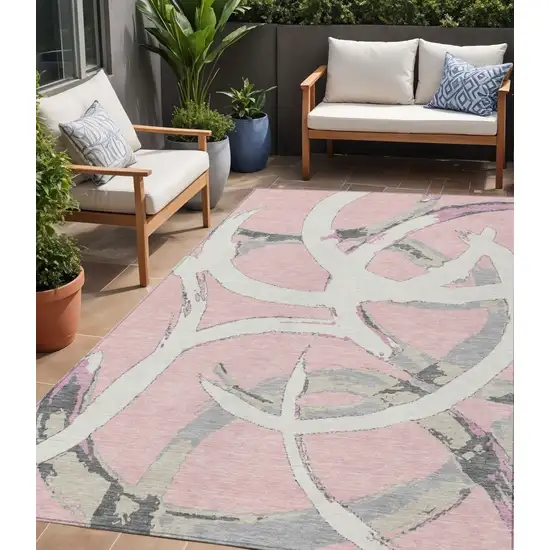 Pink Ivory And Gray Abstract Washable Indoor Outdoor Area Rug Photo 1