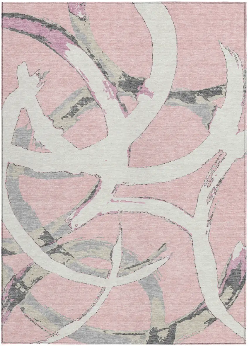 Pink Ivory And Gray Abstract Washable Indoor Outdoor Area Rug Photo 4