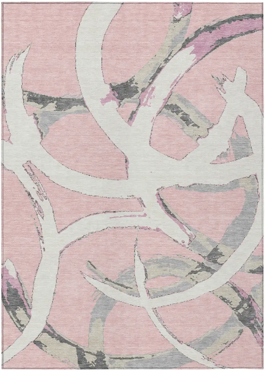 Pink Ivory And Gray Abstract Washable Indoor Outdoor Area Rug Photo 2