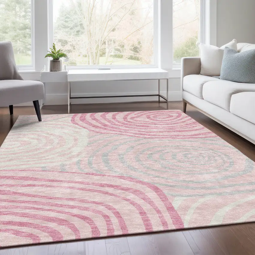 Pink Ivory And Gray Abstract Washable Indoor Outdoor Area Rug Photo 8