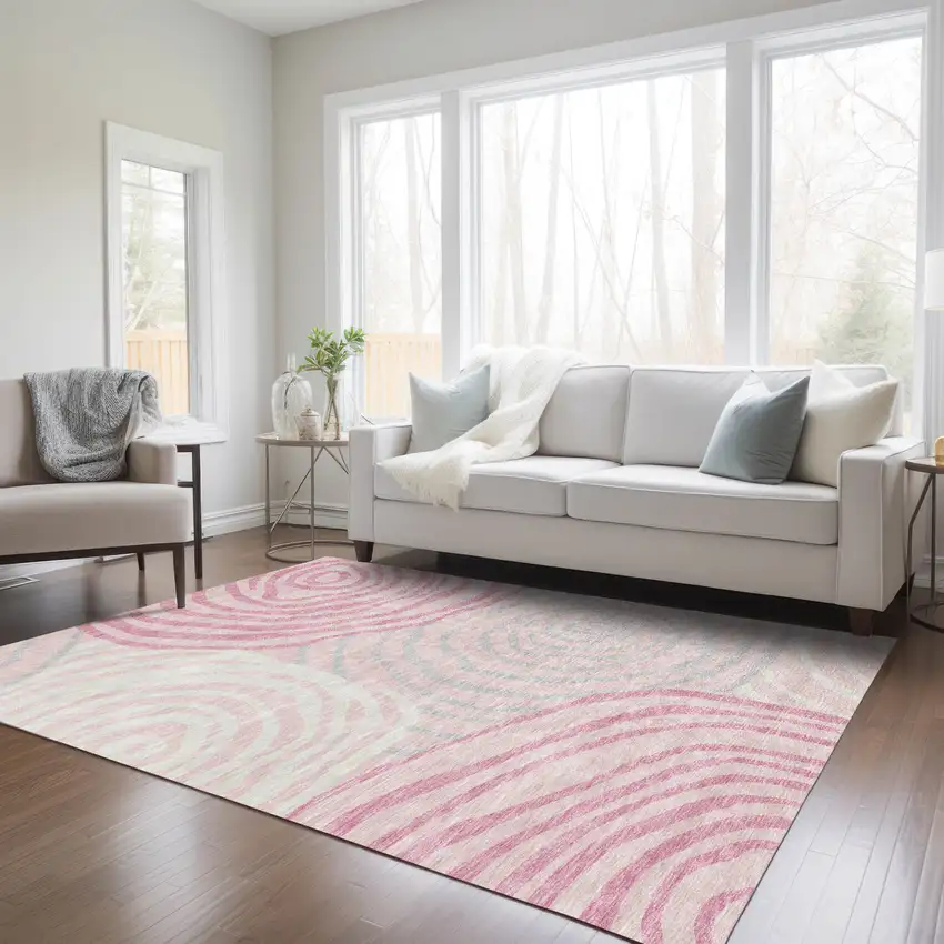 Pink Ivory And Gray Abstract Washable Indoor Outdoor Area Rug Photo 9