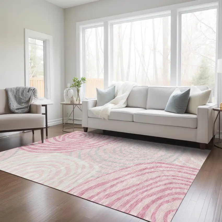 Pink Ivory And Gray Abstract Washable Indoor Outdoor Area Rug Photo 9