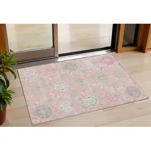 Photo of Pink Ivory And Gray Damask Washable Indoor Outdoor Area Rug