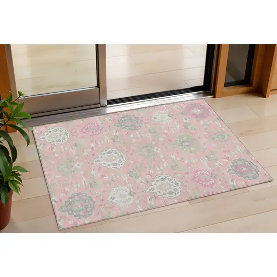 Pink Ivory And Gray Damask Washable Indoor Outdoor Area Rug Photo 1