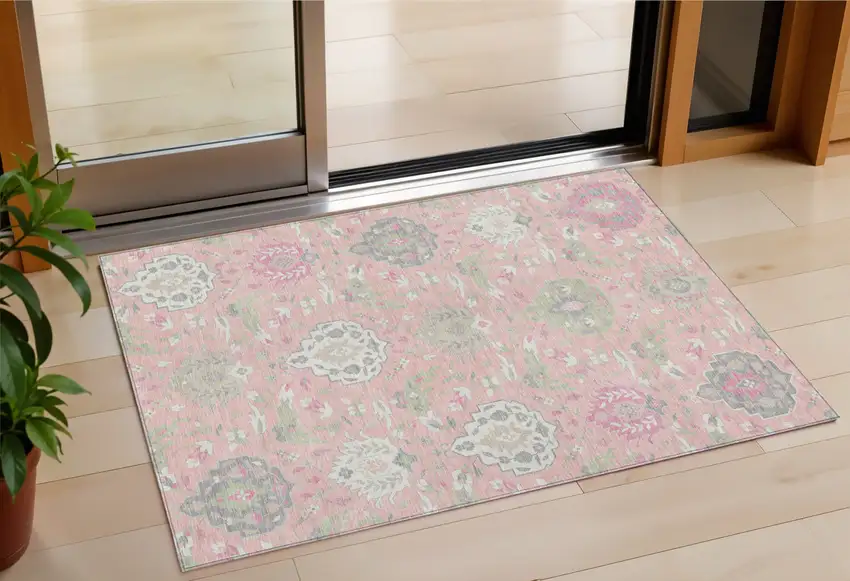 Pink Ivory And Gray Damask Washable Indoor Outdoor Area Rug Photo 1