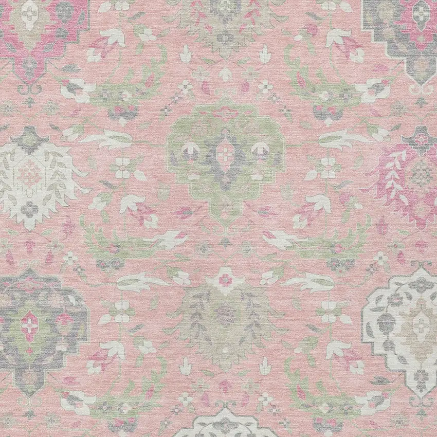 Pink Ivory And Gray Damask Washable Indoor Outdoor Area Rug Photo 7