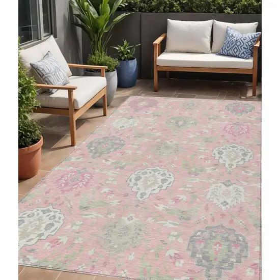 Pink Ivory And Gray Damask Washable Indoor Outdoor Area Rug Photo 1