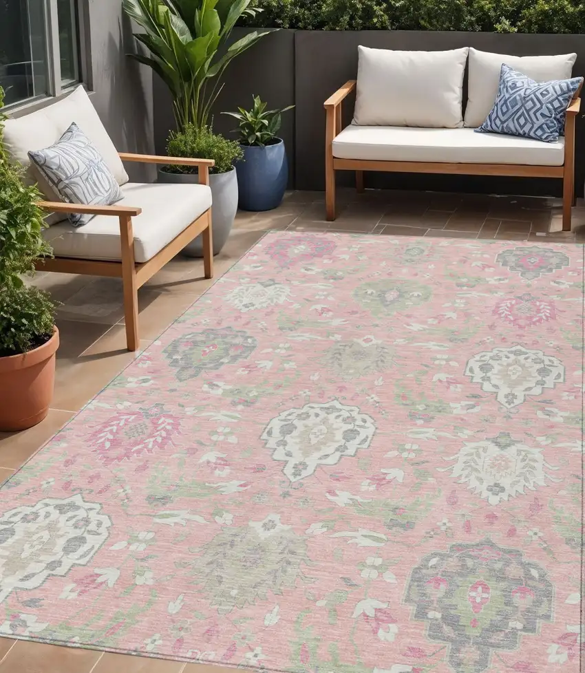 Pink Ivory And Gray Damask Washable Indoor Outdoor Area Rug Photo 1