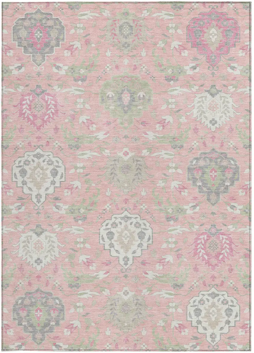 Pink Ivory And Gray Damask Washable Indoor Outdoor Area Rug Photo 8