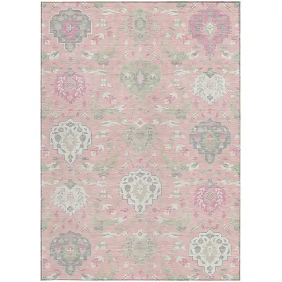 Pink Ivory And Gray Damask Washable Indoor Outdoor Area Rug Photo 8