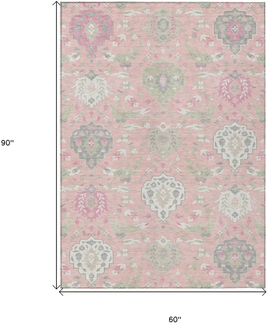Pink Ivory And Gray Damask Washable Indoor Outdoor Area Rug Photo 3