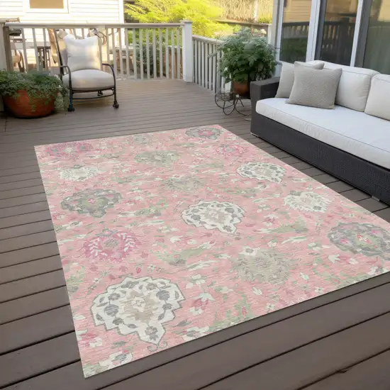 Pink Ivory And Gray Damask Washable Indoor Outdoor Area Rug Photo 9
