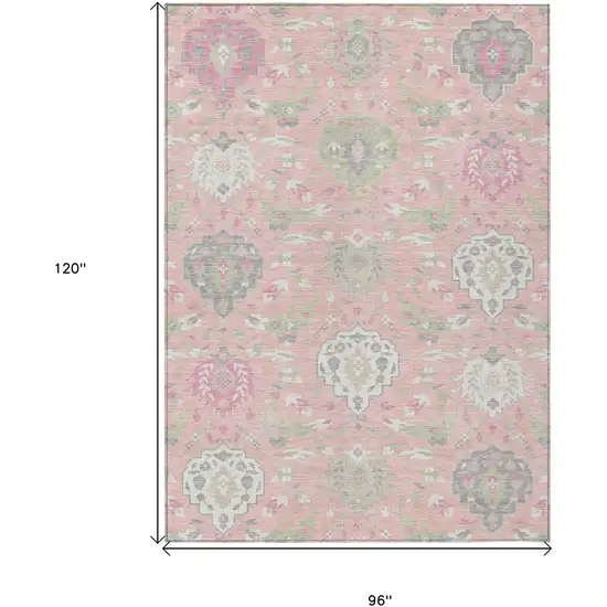 Pink Ivory And Gray Damask Washable Indoor Outdoor Area Rug Photo 3