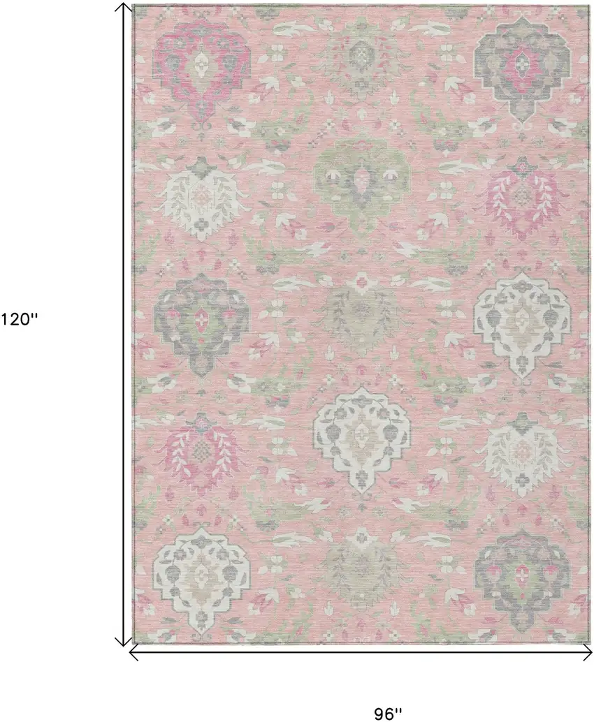 Pink Ivory And Gray Damask Washable Indoor Outdoor Area Rug Photo 3