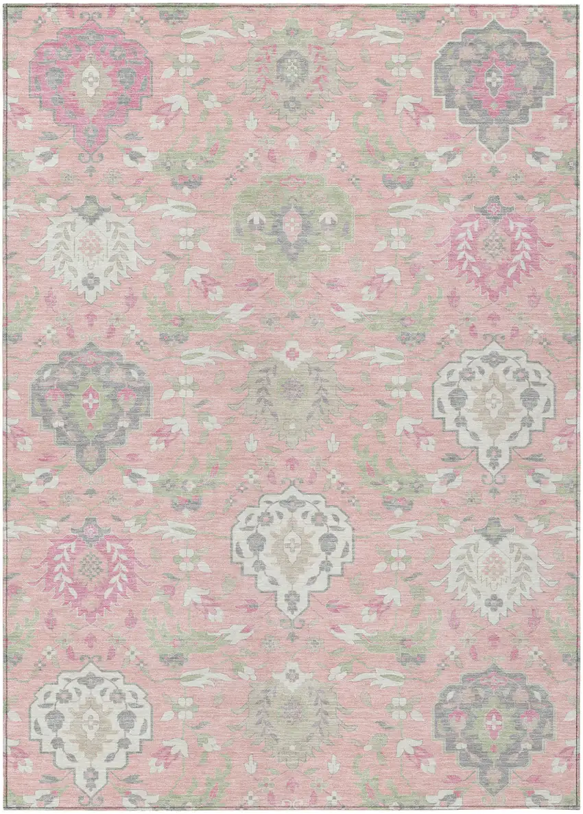 Pink Ivory And Gray Damask Washable Indoor Outdoor Area Rug Photo 2