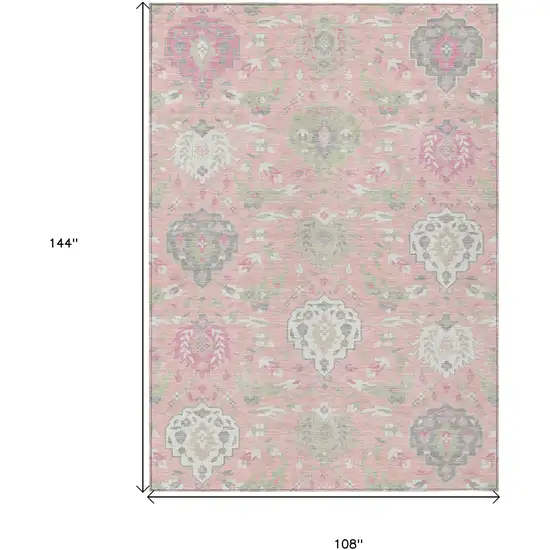 Pink Ivory And Gray Damask Washable Indoor Outdoor Area Rug Photo 3