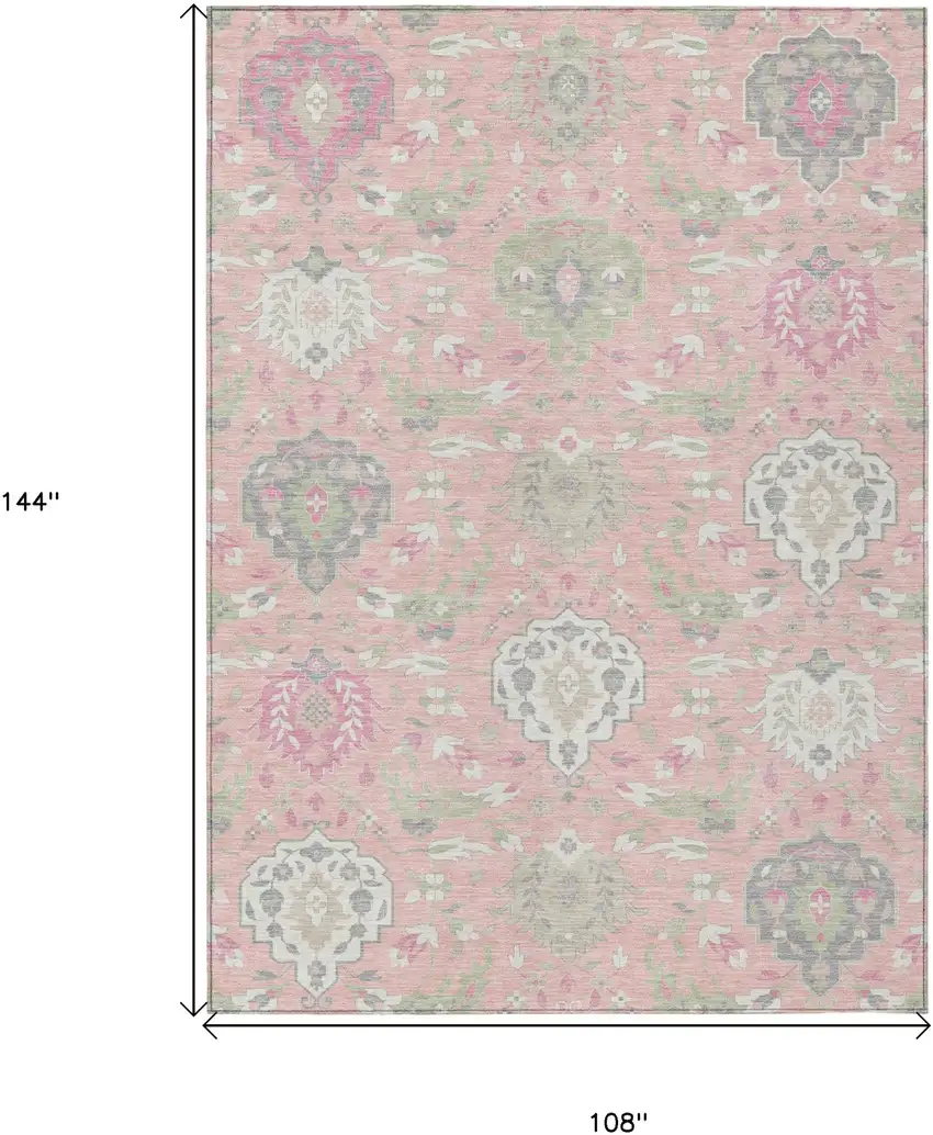 Pink Ivory And Gray Damask Washable Indoor Outdoor Area Rug Photo 3