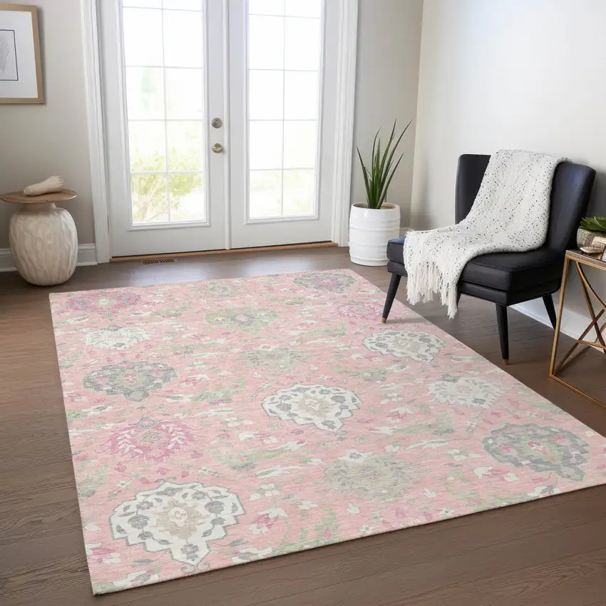 Pink Ivory And Gray Damask Washable Indoor Outdoor Area Rug Photo 9