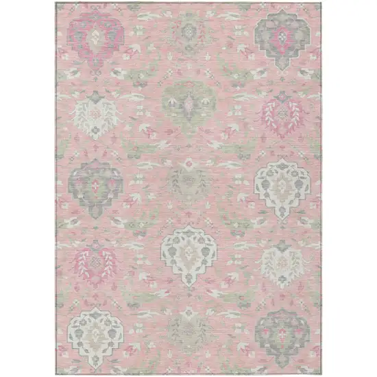 Pink Ivory And Gray Damask Washable Indoor Outdoor Area Rug Photo 2