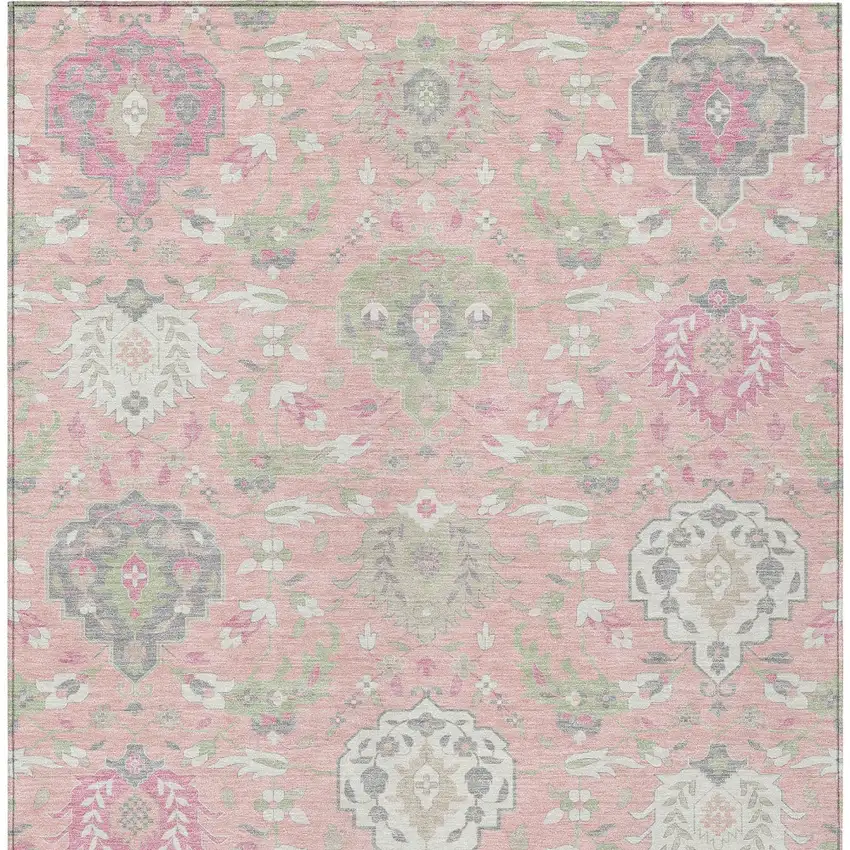 Pink Ivory And Gray Damask Washable Indoor Outdoor Area Rug Photo 8