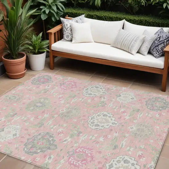 Pink Ivory And Gray Damask Washable Indoor Outdoor Area Rug Photo 1