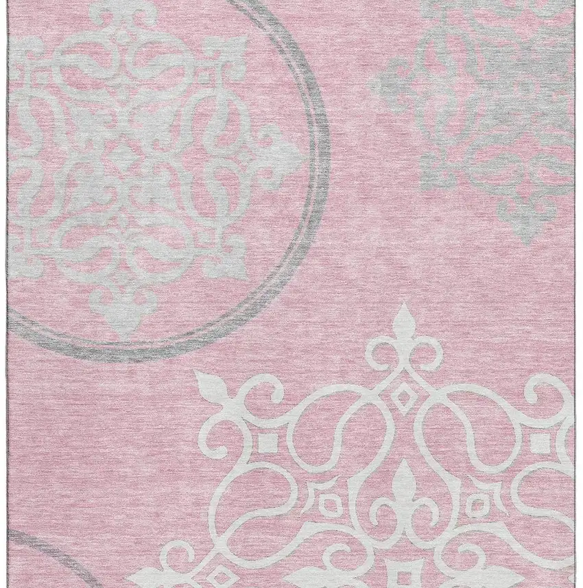 Pink Ivory And Gray Floral Medallion Washable Area Rug With UV Protection Photo 3