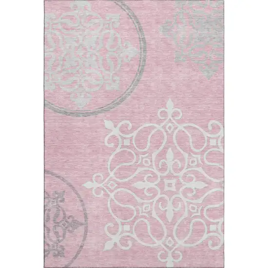 Pink Ivory And Gray Floral Medallion Washable Area Rug With UV Protection Photo 1