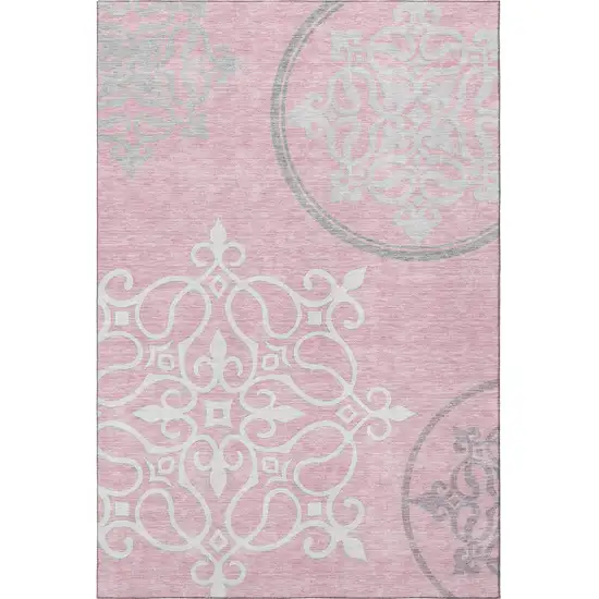 Pink Ivory And Gray Floral Medallion Washable Area Rug With UV Protection Photo 4