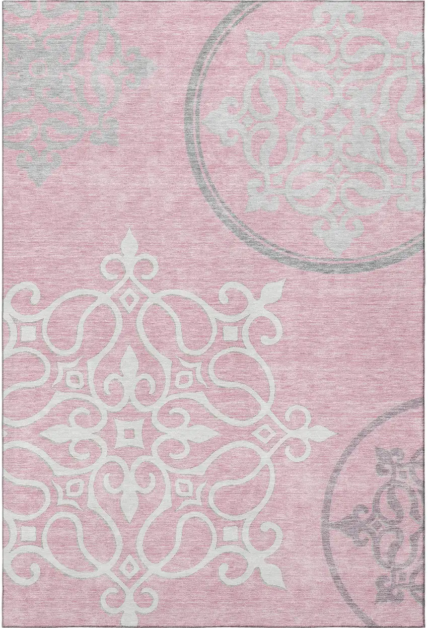 Pink Ivory And Gray Floral Medallion Washable Area Rug With UV Protection Photo 4