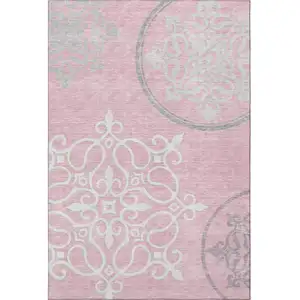 Photo of Pink Ivory And Gray Floral Medallion Washable Area Rug With UV Protection