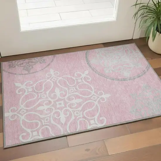 Pink Ivory And Gray Floral Medallion Washable Area Rug With UV Protection Photo 2