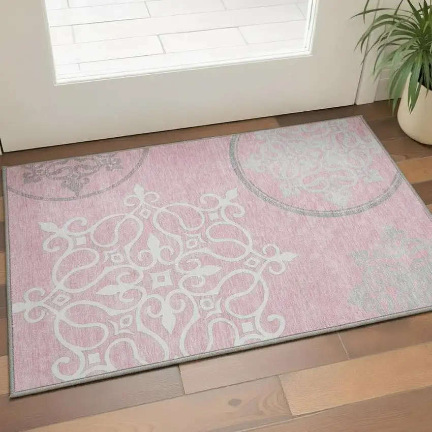 Pink Ivory And Gray Floral Medallion Washable Area Rug With UV Protection Photo 2