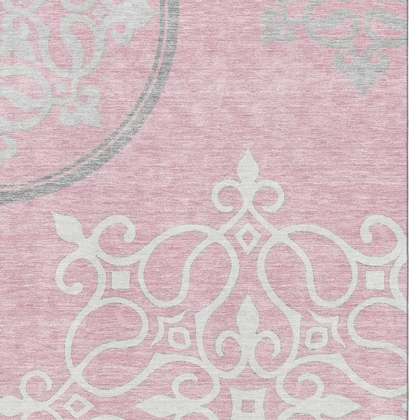 Pink Ivory And Gray Floral Medallion Washable Area Rug With UV Protection Photo 3