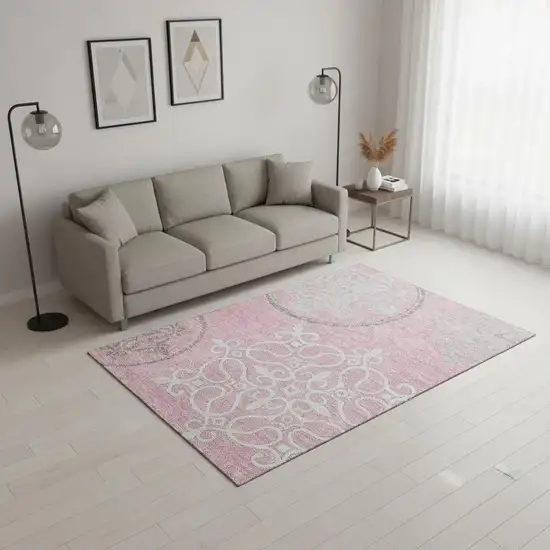Pink Ivory And Gray Floral Medallion Washable Area Rug With UV Protection Photo 2