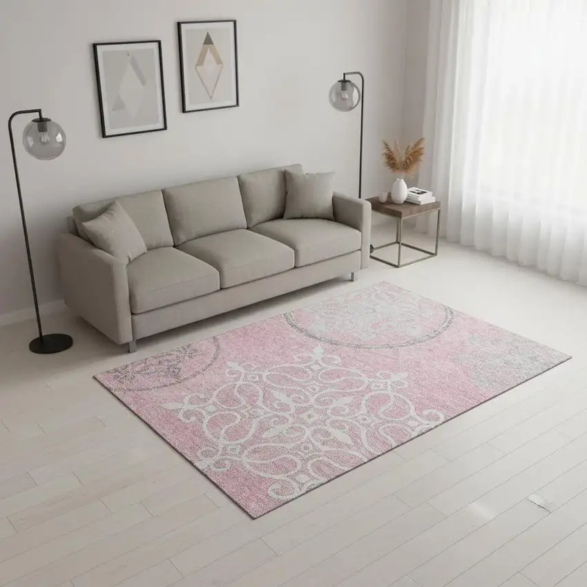 Pink Ivory And Gray Floral Medallion Washable Area Rug With UV Protection Photo 2