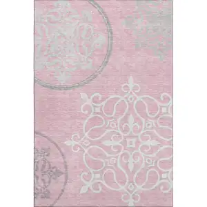 Photo of Pink Ivory And Gray Floral Medallion Washable Area Rug With UV Protection