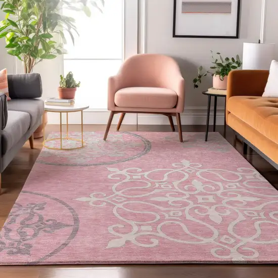 Pink Ivory And Gray Floral Medallion Washable Area Rug With UV Protection Photo 5