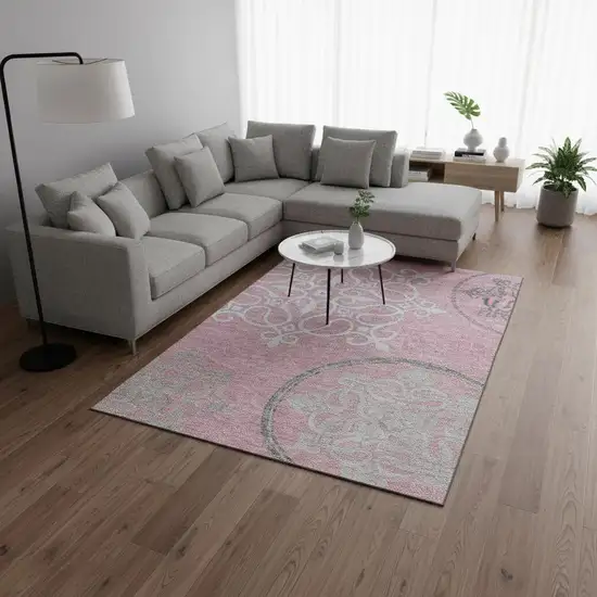 Pink Ivory And Gray Floral Medallion Washable Area Rug With UV Protection Photo 2
