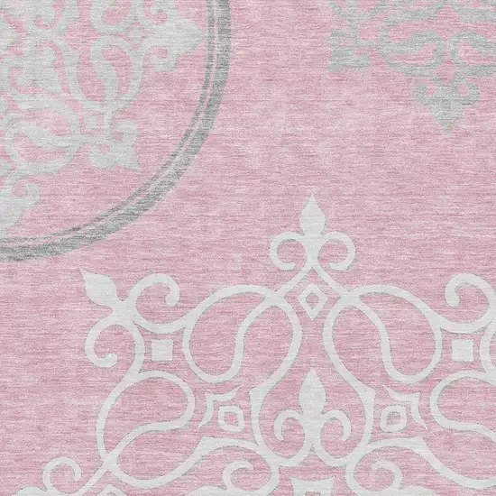 Pink Ivory And Gray Floral Medallion Washable Area Rug With UV Protection Photo 3