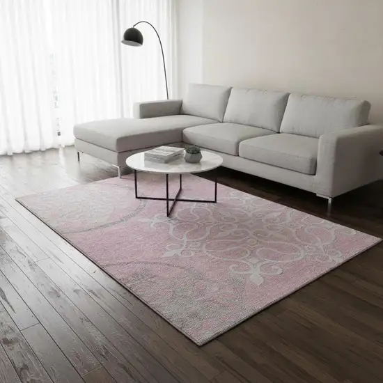 Pink Ivory And Gray Floral Medallion Washable Area Rug With UV Protection Photo 2
