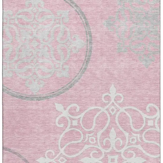 Pink Ivory And Gray Floral Medallion Washable Area Rug With UV Protection Photo 4