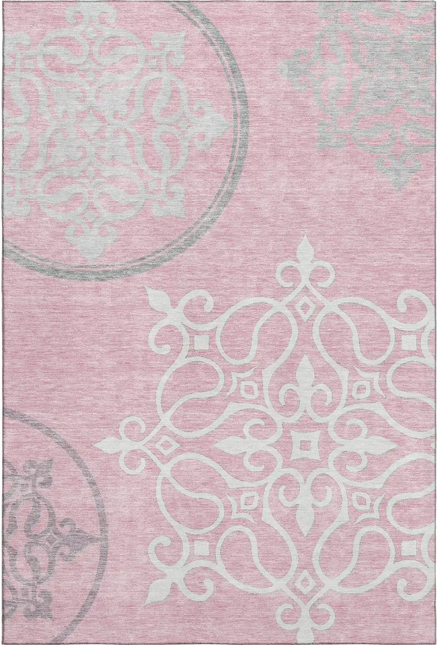 Pink Ivory And Gray Floral Medallion Washable Area Rug With UV Protection Photo 1